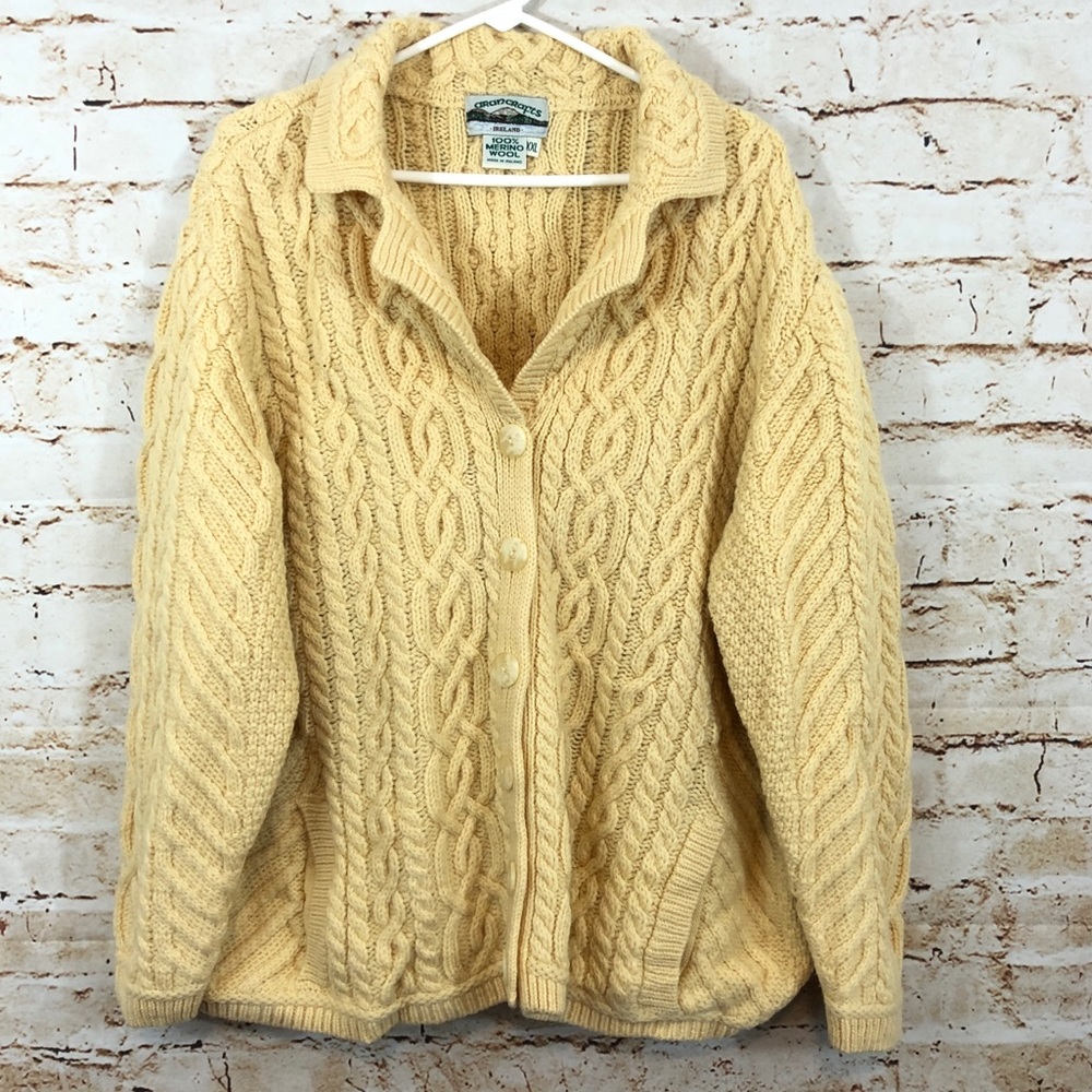 ARAN CRAFTS women 2XL wool knit cardigan button fisherman sweater Ireland pocket - Picture 1 of 7